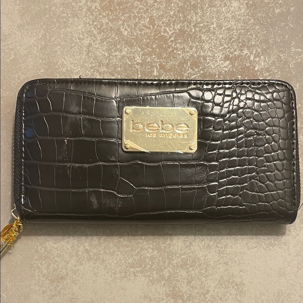 Bebe Black Croc Embossed Wallet with Gold Accents